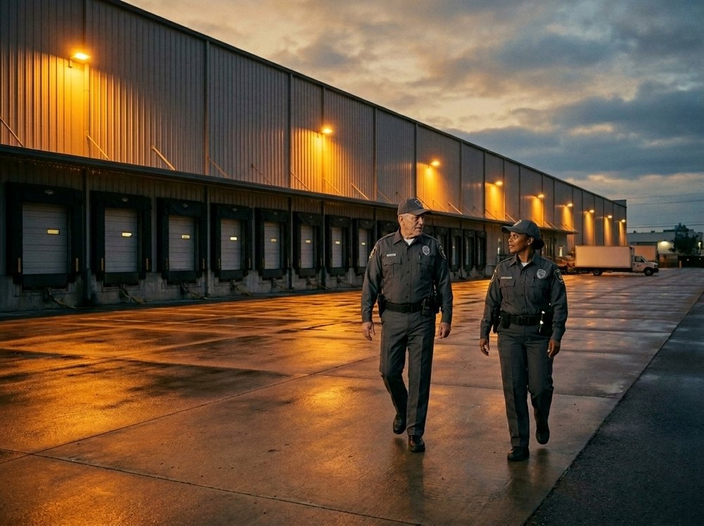 Industrial warehouse at dusk, the type of property covered by Americal Patrol fire watch
