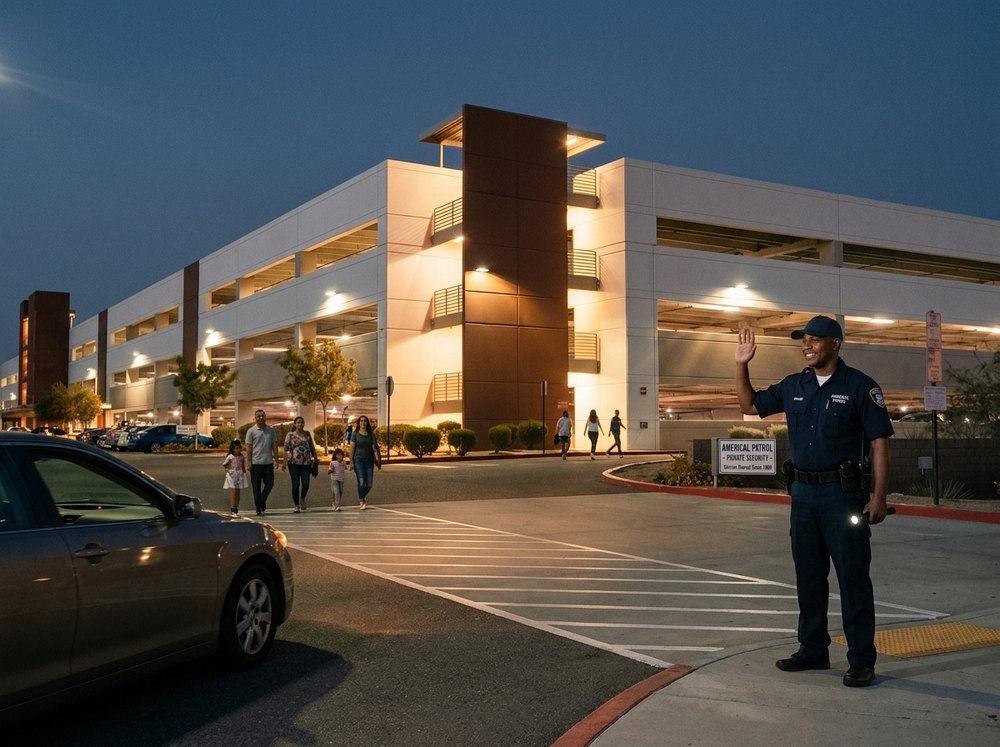 Commercial parking structure at night, a retail property type Americal Patrol covers