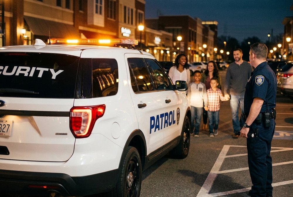 Americal Patrol security vehicle on a Ventura County route at night, "SECURITY" livery