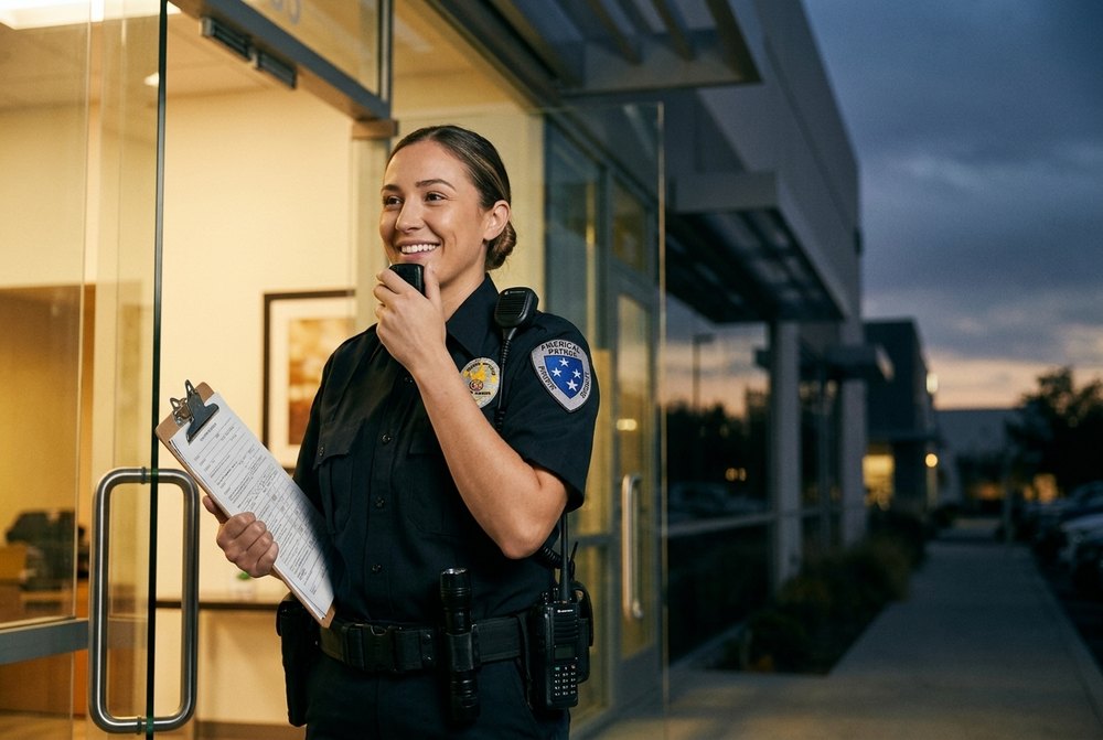 Americal Patrol security officer checking a property at dusk, radio in hand
