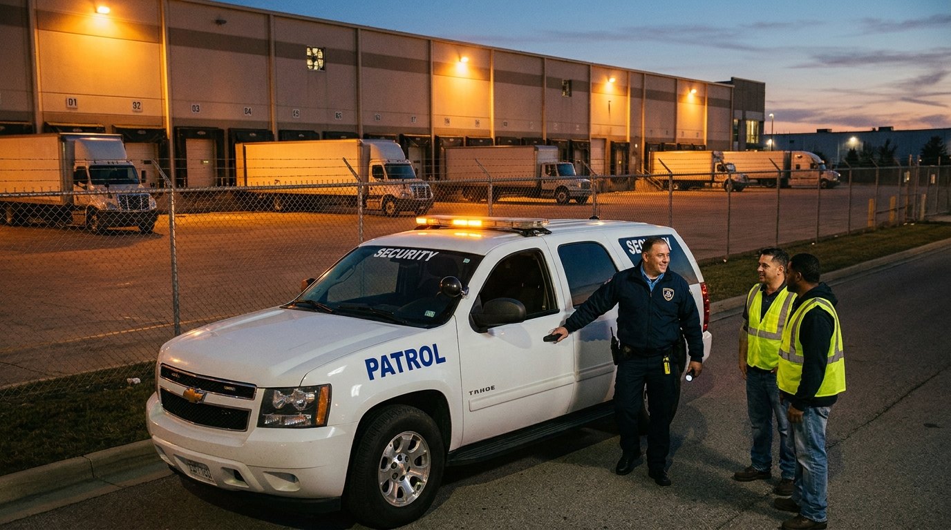 Americal Patrol security officer monitoring an industrial warehouse perimeter in Southern California