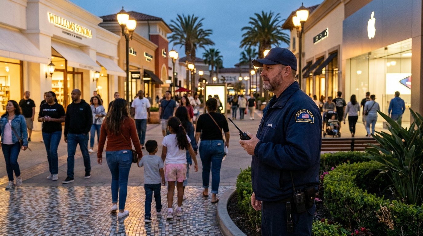 Americal Patrol security officer patrolling a Southern California retail shopping center