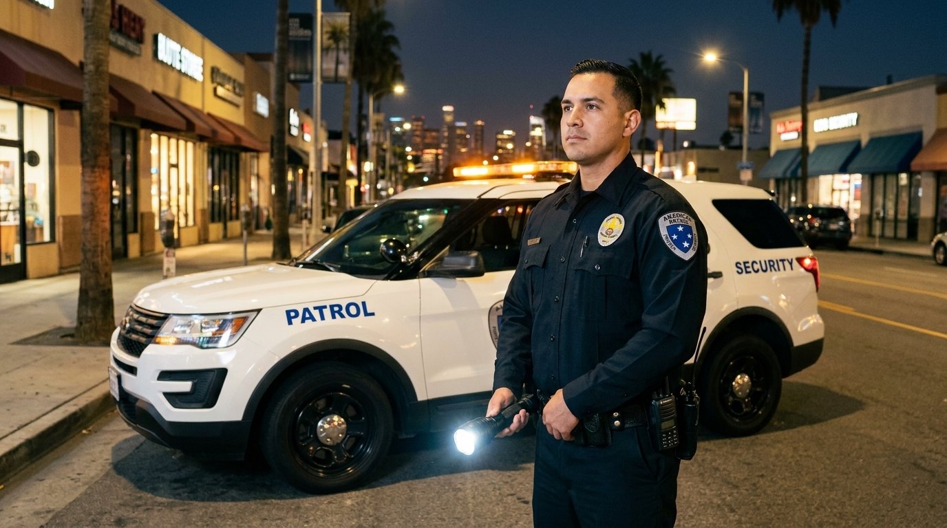 Americal Patrol uniformed security officer on duty at a Los Angeles County property