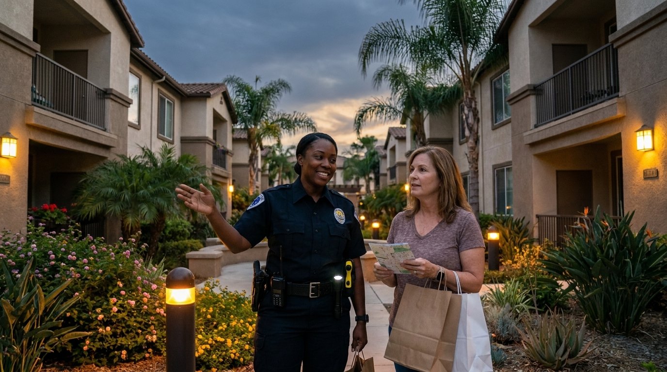 Americal Patrol officer on courtesy patrol at an Ojai apartment community