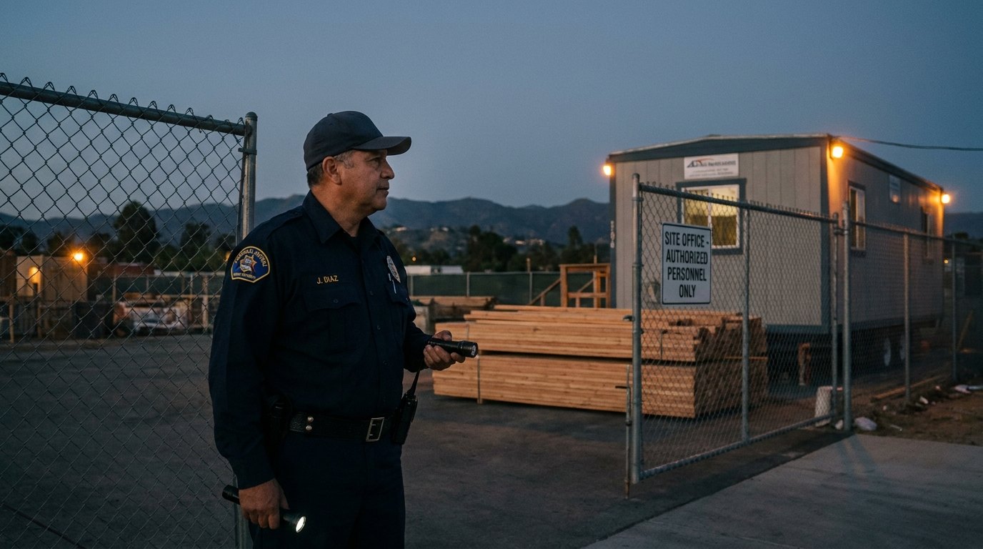 Americal Patrol officer patrolling an Camarillo construction site at night