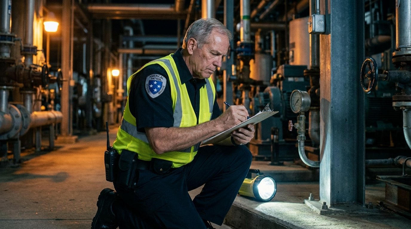 Americal Patrol fire watch officer conducting a documented patrol round at a Southern California facility