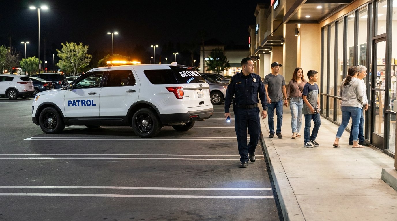 Americal Patrol marked patrol unit covering a Southern California parking lot at dusk