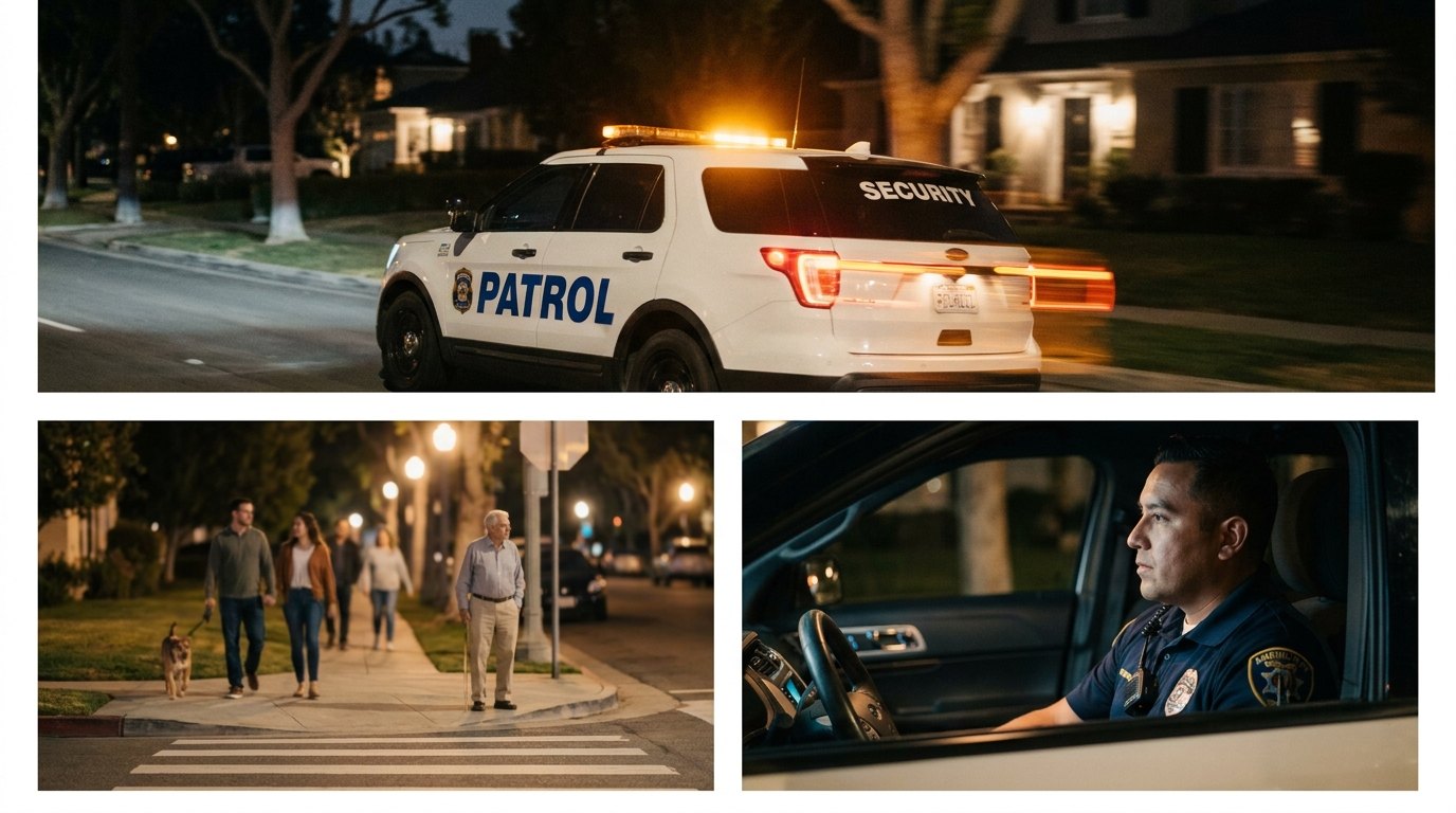Americal Patrol marked patrol vehicle on a mobile security round at a Southern California property