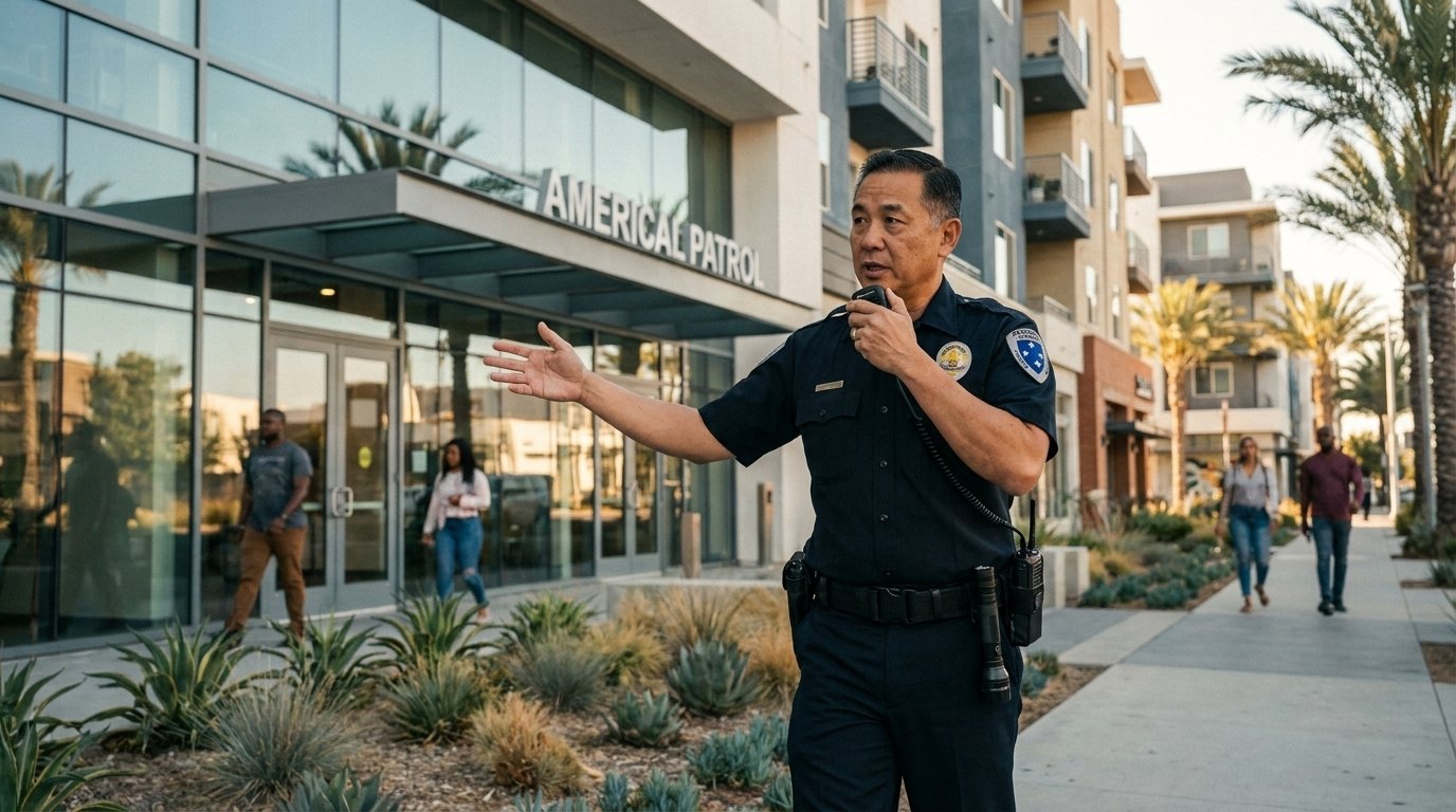 Americal Patrol officer conducting a building check at a Southern California managed property