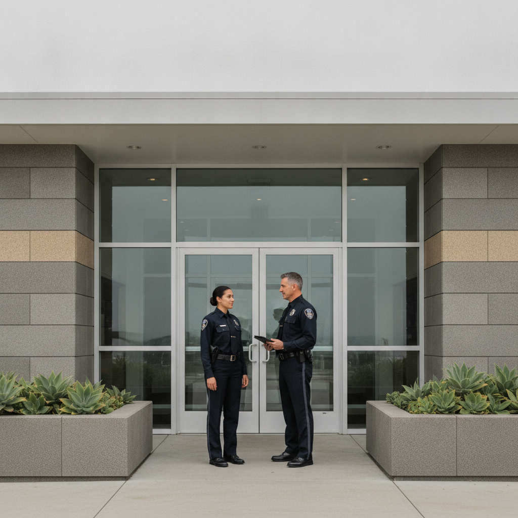 Two professional security officers standing at a commercial building entrance in Southern California