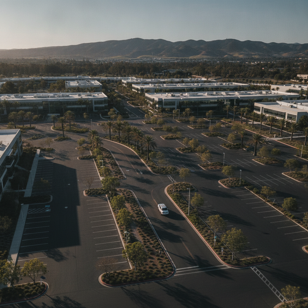 Aerial view of a security patrol SUV covering a large Southern California business park