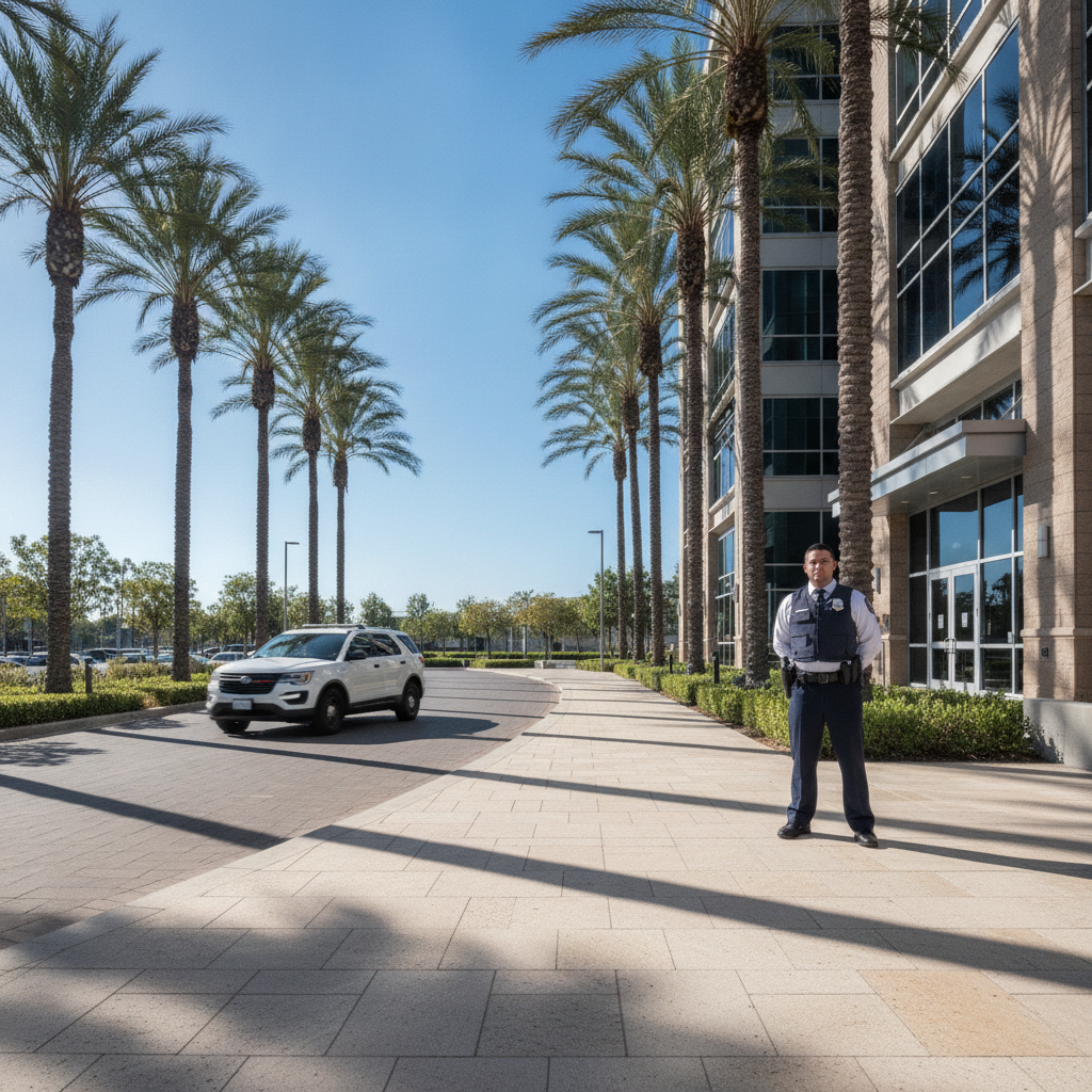 A posted security officer at a commercial entrance while a patrol SUV passes on the perimeter drive